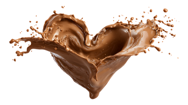 Chocolate splash in heart shape isolated on a white background