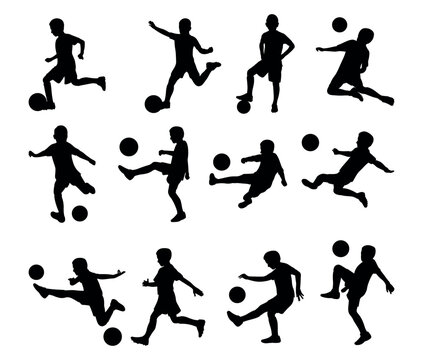Child Soccer Silhouette Set. Collection of Kids Playing Football in Action Poses