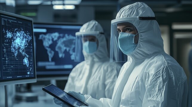 Researchers in a laboratory wearing protective gear and analyzing global data on monitors