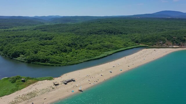 Aerial view to beautiful beach on Sinemorets and mouth of Veleka river, Black sea, Bulgaria