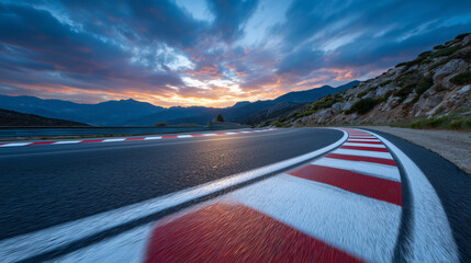 Low-angle shot along a race track curve bordered by classic red and white stripes, asphalt reflecting last light of day, dramatic clouds rolling above, capturing the spirit of comp