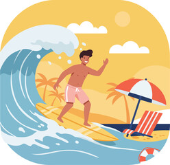 Summer vacation fun, people surfers riding waves