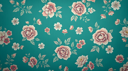 Vintage wallpaper-style background, faded floral patterns, muted pastel tones, light grainy texture, aged paper effect, soft vignette edges, 1950s aesthetic