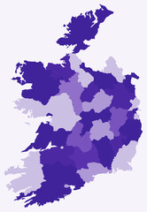 Map of Ireland with regions. Just a simple country border map with region division. Deep purple color palette. Plain Ireland shape with administrative division. Vector illustration.
