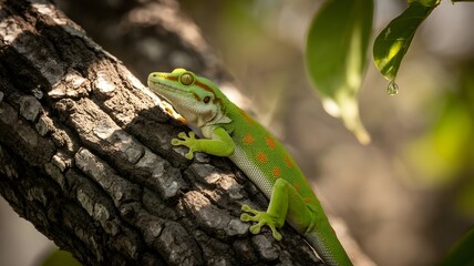 A vibrant green gecko perched elegantly on a textured tree branch, basking in the sunlight