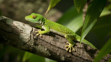 Fototapeta premium A vibrant green gecko perched elegantly on a tree branch, basking in the sunlight. Its textured skin and focused gaze capture the essence of the wild