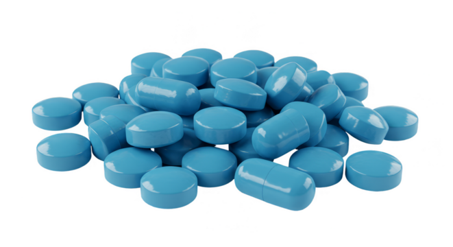 Isolated Pharmaceutical Pills Pile of Blue Treatment Medicine Tablets
