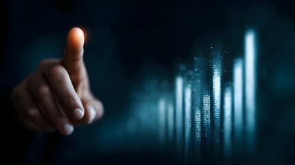 Finger touching a 3D bar chart on a futuristic digital interface