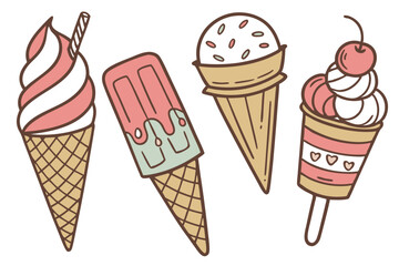 A vector set of five different ice cream treats., four delicious  and colorful ice cream treats on a white background