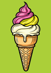 A colorful vector illustration of a swirled three-flavor ice cream cone featuring vanilla, chocolate, and strawberry flavors. Perfect for summer-themed designs, dessert menus, and food promotions.