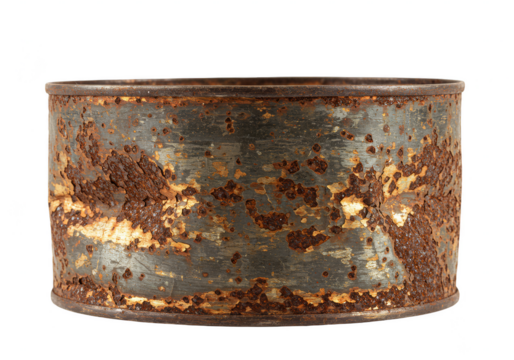 Isolated Rusty Metal Tin Can Aged and Weathered on Transparent Base