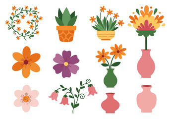 Clipart elements of some plants and flowers in spring, vector illustration