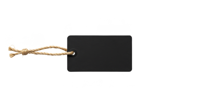 Isolated Product Tag with Black Rectangle and String on Transparent