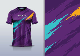 T-shirt mockup abstract texture grunge texture sport jersey design for football, soccer, racing, esports, running, purple blue orange color