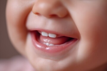 first tooth baby closeup smile, infant milestone moment with tiny teeth showing