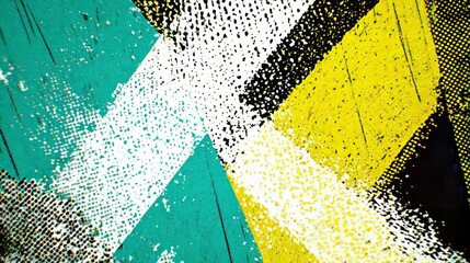 Blue and yellow abstract background with black and white brushstroke and halftone style. Bold diagonal stripes cut across textured color blocks in vivid contrast. Vintage abstract background.