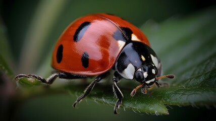 Fototapeta premium A ladybug gracefully perches on a leaf, showcasing its vibrant red and black spotted shell
