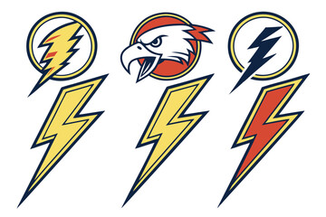 Collection of stylized lightning bolts and eagle head icons in red yellow and blue