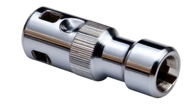 Chrome Socket Adapter: A gleaming chrome socket adapter, precision-engineered with intricate details, sits against a plain background.  Its polished surface reflects light.