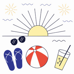 Summer Vacation Beach Scene: Sunglasses, Beach Ball, Flip Flops, Drink