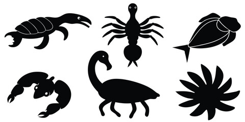 Collection of stylized black silhouettes of prehistoric creatures and marine life