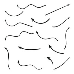 Crayon arrow sketches collection, hand drawn doodle style pointers, curved lines, round swirls. Chaotic scribbling, artistic design elements set. 