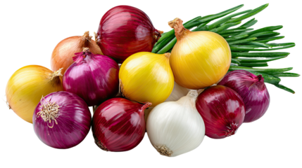 Vibrant Onion Assortment: A captivating assortment of colorful onions and green leaves, a culinary masterpiece that adds a vibrant touch to any gourmet kitchen scene.