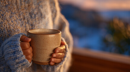 Close-up of a womanâs hands wrapped around a steaming ceramic coffee mug, soft knitted sweater sleeves peeking out, warm amber light highlighting the rising steam, evoking a peacef