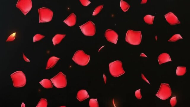 A scattering of red rose petals falling against a dark and softly lit backdrop