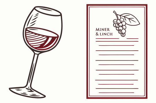 Elegant wine glass with red wine next to a restaurant menu featuring grapes