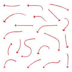 Red crayon arrow doodles collection - hand sketched curved lines, round swirls, pointers. Artistic scribbles, design elements set.