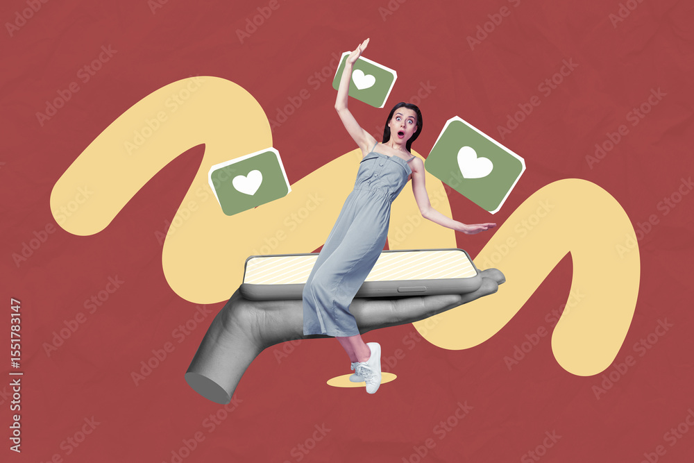 Poster poster image collage of person sit screen gadget moving with likes on red background