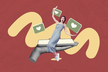 Poster image collage of person sit screen gadget moving with likes on red background
