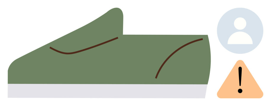 Green sneaker paired with profile icon and caution sign. Ideal for footwear, safety, health, customer feedback, product design, user experience, and risk management. Simple flat metaphor