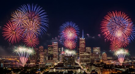 Fototapeta premium City skyline illuminated by vibrant fireworks display on a dark night with colorful explosions above buildings