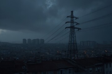 Blackout in Spain and Portugal shows dark cityscape with electricity pylon. European energy crisis. Power outage and infrastructure vulnerability at night. Power outage concept. MZ 
