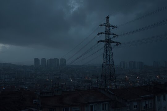 Blackout in Spain and Portugal shows dark cityscape with electricity pylon. European energy crisis. Power outage and infrastructure vulnerability at night. Power outage concept. MZ 