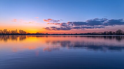 Fototapeta premium Serene sunset reflected on a calm lake, showcasing vibrant colors in the sky and water, with a tree line on the horizon