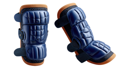 Baseball catcher's leg protector: A pair of baseball catcher's leg protectors, designed for maximum protection and durability, are isolated against an unobtrusive background.