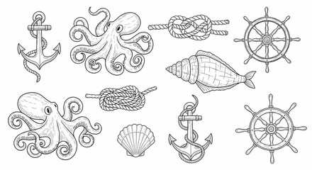 Obraz premium Set of hand drawn whimsical illustrations of ocean creatures and sailor's knots. Doodle drawings of octopuses, anchors, seashells, rope coils, and vintage ship wheels. Coastal line art 