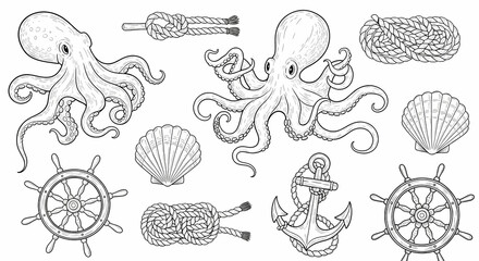 Set of hand drawn whimsical illustrations of ocean creatures and sailor's knots. Doodle drawings of octopuses, anchors, seashells, rope coils, and vintage ship wheels. Coastal line art 