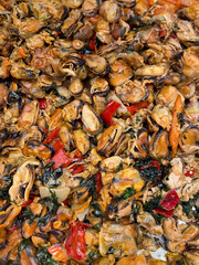 Detailed view of cooked mussels in shell. Fresh seafood texture ideal for culinary themes, restaurant menu design, or healthy diet concepts.