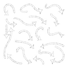 Hand drawn curved and straight arrow set. Black grunge sketch arrow collection. Doodle sketched pointers and direction lines. Wavy and zigzag brush stroke bundle for flyer, poster, brochure. Eps 10.