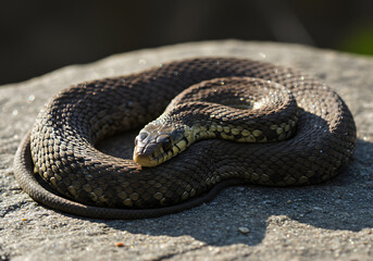 European Grass Snake Basking in Sunlight