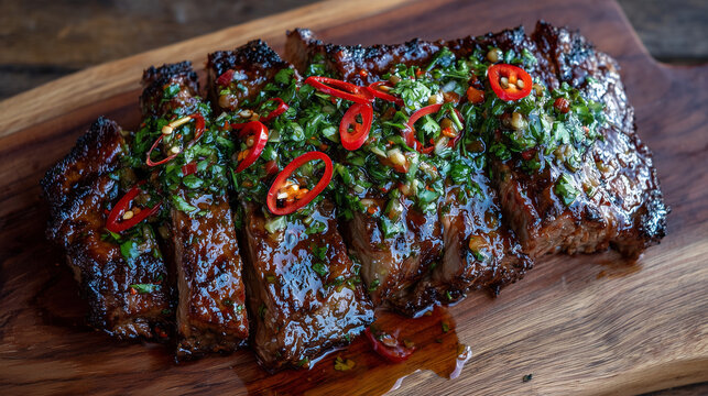 Overhead shot of tender grilled tri-tip beef laid out on a charred wooden board, glistening with juices, drizzled generously with chimichurri, and garnished with sliced red chilies