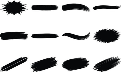 Set of black ink brush strokes and textures on white background for grunge art, paint, or abstract design