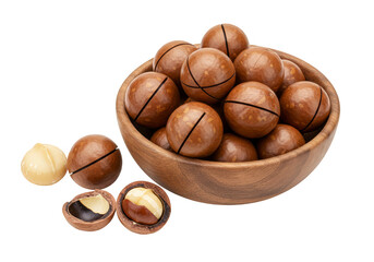 Isolated Transparent Macadamia Nuts in Brown Bowl Food Still Life