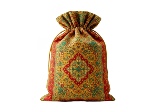 Isolated Textile Pouch Sack with Red and Gold Pattern in Transparent