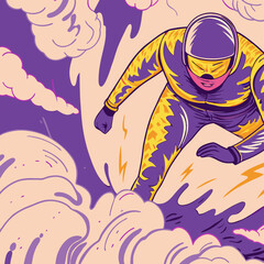 Abstract illustration of a person surfing a wave of clouds