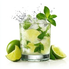 Refreshing mojito cocktail with lime, mint, and ice in a glass, isolated on a white background